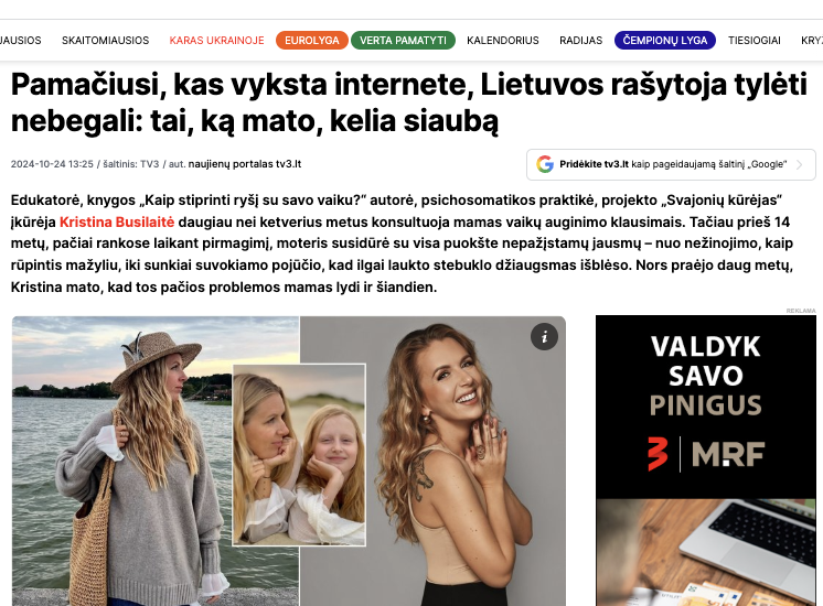 TV3 straipsnis apie Kristiną Busilaitę, motinystės iššūkius ir vaikų auklėjimą